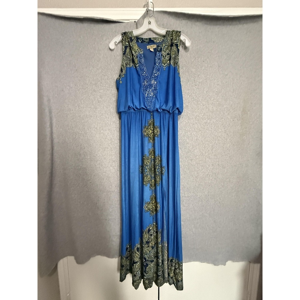 One World Dress Womens‎ Medium Blue Paisley Beaded V Neck Maxi Boho Lined Jersey